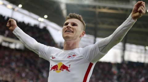 Leipzig's Timo Werner celebrates after scoring during the German first division Bundesliga soccer match between RB Leipzig and 1. FC Cologne in Leipzig, Germany, Saturday, Feb. 25, 2017. (Jan Woitas/dpa via AP)