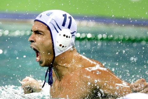 Greece's Alex Gounas reacts after scoring against Brazil during a men's water polo preliminary round match at the 2016 Summer Olympics in Rio de Janeiro, Brazil, Friday, Aug. 12, 2016. (AP Photo/Sergei Grits)