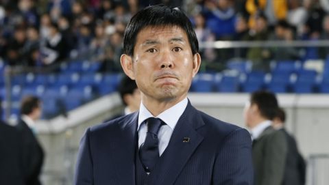 Japan's coach Hajime Moriyasu is seen ahead of a friendly soccer match between Japan and Colombia in Yokohama, Japan, Friday, March 22, 2019. (AP Photo/Shuji Kajiyama)