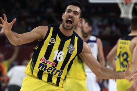 Fenerbahce's Kostas Sloukas reacts during a Final Four Euroleague semifinal basketball match against Real Madrid at Sinan Erdem Dome in Istanbul, Friday, May 19, 2017. (AP Photo/Lefteris Pitarakis)