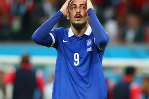 RECIFE, BRAZIL - JUNE 29: Konstantinos Mitroglou of Greece reacts during the 2014 FIFA World Cup Brazil Round of 16 match between Costa Rica and Greece at Arena Pernambuco on June 29, 2014 in Recife, Brazil.  (Photo by Ian Walton/Getty Images)