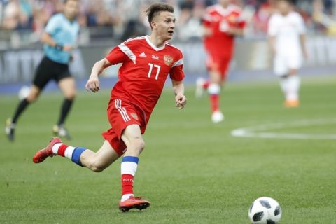 Russia's Aleksandr Golovin during a friendly soccer match between Russia and Turkey at the VEB Arena stadium in Moscow, Russia, Tuesday, June 5, 2018. (AP Photo/Pavel Golovkin)
