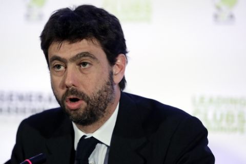 Andrea Agnelli president of the Italian soccer club Juventus speaks during a news conference in Athens, Tuesday, March 28, 2017. Representatives from 155 countries attended the European Club Association's (ECA) 18th General Assembly in the Greek capital. (AP Photo/Thanassis Stavrakis)