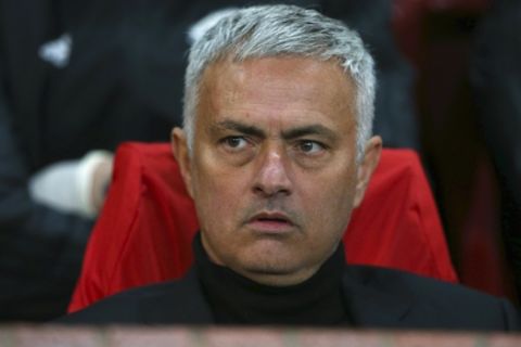 FILE - In this Tuesday, Oct. 23, 2018. file photo, Manchester United coach Jose Mourinho sits on the bench during the Champions League group H soccer match between Manchester United and Juventus at Old Trafford, Manchester, England. Manchester United announced Tuesday Dec. 18, 2018, Jose Mourinho has left the Premier League club with immediate effect. (AP Photo/Dave Thompson, File)