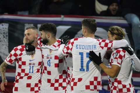 Οι παίκτες της Κροατία πανηγυρίζουν γκολ που σημείωσαν κόντρα στη Λετονία για τα προκριματικά του Euro 2024 στο "Σκόντο", Ρίγα | Σάββατο 18 Νοεμβρίου 2023