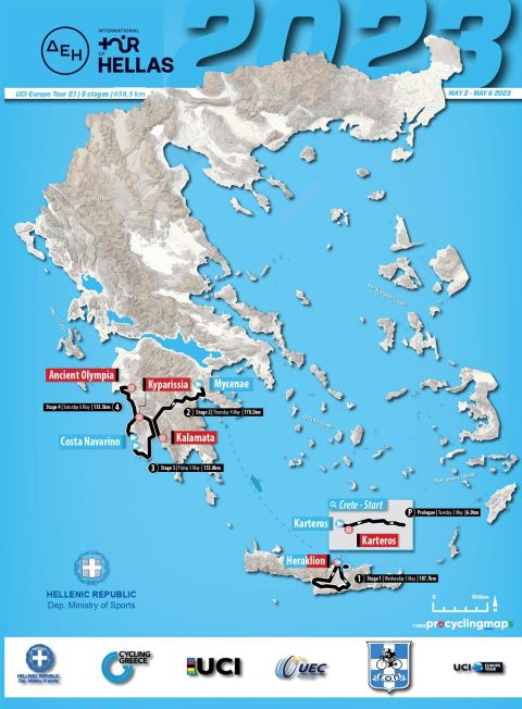 Ο χάρτης με τις διαδρομές (πρόλογος και 4 ετάπ) του ΔΕΗ Ποδηλατικού Γύρου Ελλάδας 2023. 