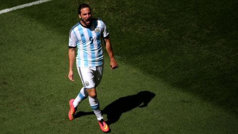 BRASILIA, BRAZIL - JULY 05: Gonzalo Higuain of Argentina celebrates scoring his team's first goal during the 2014 FIFA World Cup Brazil Quarter Final match between Argentina and Belgium at Estadio Nacional on July 5, 2014 in Brasilia, Brazil.  (Photo by Jamie Squire/Getty Images)