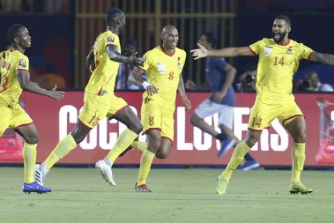 Benin players celebrate after a goal during the African Cup of Nations round of 16 soccer match between Morocco and Benin in Al Salam stadium in Cairo, Egypt, Friday, July 5, 2019. (AP Photo/Ariel Schalit)