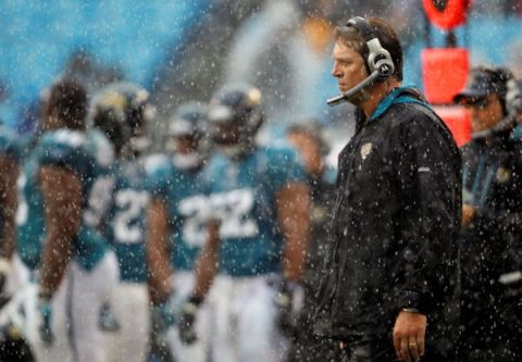 Jacksonville Jaguars head coach Jack Del Rio looks on in the pouring rain during the second quarter of an NFL football game against the Carolina Panthers in Charlotte, N.C., Sunday, Sept. 25, 2011. (AP Photo/Bob Leverone)