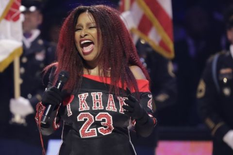 Chaka Khan sings the national anthem before the NBA All-Star basketball game Sunday, Feb. 16, 2020, in Chicago. (AP Photo/Nam Huh)