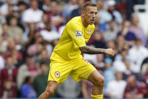 Cardiff City's Craig Bellamy plays against West Ham United during their English Premier League soccer match at Upton Park, London, Saturday, Aug. 17, 2013. (AP Photo/Sang Tan)