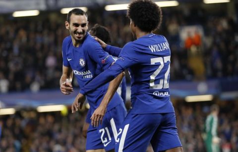 Chelsea's Davide Zappacosta, left, celebrates with his teammate Willian after scoring during the Champions League group C soccer match between Chelsea and Qarabag at Stamford Bridge stadium in London, Tuesday, Sept. 12, 2017. (AP Photo/Kirsty Wigglesworth)