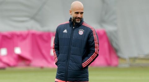 "MUNICH, GERMANY - APRIL 26:  Josep Guardiola, Head Coach of Bayern Muenchen looks on during a training session ahead of the UEFA Champions League Semi Final First Leg between Club Atlético de Madrid and FC Bayern Muenchen at the Saebener Strasse training ground on April 26, 2016 in Munich, Germany.  (Photo by Adam Pretty/Bongarts/Getty Images)"
