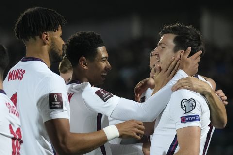 Οι παίκτες της Αγγλίας πανηγυρίζουν γκολ που σημείωσαν κόντρα στο Σαν Μαρίνο για τη φάση των προκριματικών ομίλων της ευρωπαϊκής ζώνης του Παγκοσμίου Κυπέλλου 2022 στο Ολυμπιακό Στάδιο του Σεραβάλε | Δευτέρα 15 Νοεμβρίου 2021