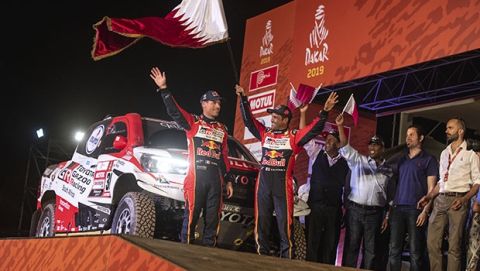 Nasser Al-Attiyah (QAT) and Matthieu Baumel (FRA) of Toyota Gazoo Racing SA Team seen during the starting podium ceremony of Rally Dakar 2019 in Lima, Peru on January 6, 2019. // Flavien Duhamel/Red Bull Content Pool // AP-1Y24WX1B92111 // Usage for editorial use only // Please go to www.redbullcontentpool.com for further information. // 