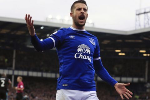 Everton's Kevin Mirallas celebrates scoring against West Bromwich Albion during the English Premier League soccer match at Goodison Park, Liverpool, England, Saturday March 11, 2017. (Peter Byrne/PA via AP)