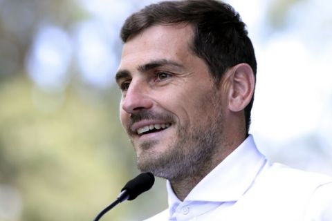 Spanish goalkeeper Iker Casillas talks to journalists outside a hospital in Porto, Portugal, Monday, May 6, 2019. Veteran goalkeeper Iker Casillas had a heart attack during a training session with his Portuguese club FC Porto and was hospitalized May 1. (AP Photo/Luis Vieira)