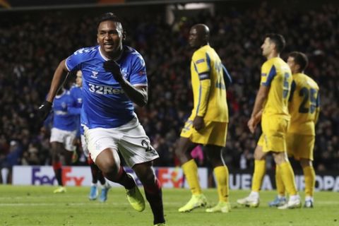 Rangers' Alfredo Morelos celebrates scoring his side's first goal of the game against FC Port during a UEFA Europa League match at Ibrox Stadium, Thursday, Nov. 7, 2019, in Glasgow, Scotland. (Andrew Milligan/PA via AP)