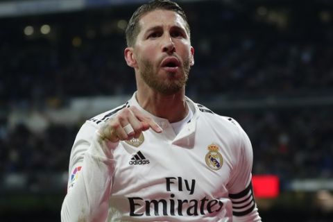 Real Madrid's Sergio Ramos celebrates after scoring during a Spanish Copa del Rey soccer match between Real Madrid and Girona in Madrid, Spain, Thursday, Jan. 24, 2019. (AP Photo/Manu Fernandez)