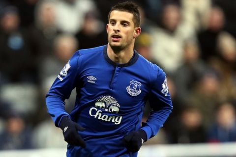 Everton's Kevin Mirallas cel;ebrates his goal during their English Premier League soccer match between Newcastle United and Everton at St James' Park, Newcastle, England, Sunday, Dec. 28, 2014. (AP Photo/Scott Heppell)