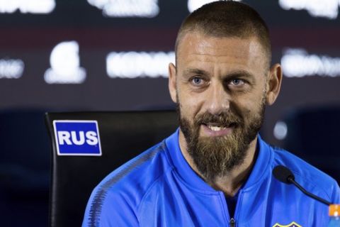 Daniele De Rossi speaks during a press conference in Buenos Aires, Argentina, Monday, July. 29, 2019. De Rossi, a former Roma captain and 2006 World Cup winner, signed a one-year deal with Boca Juniors. (AP Photo/Tomas F. Cuesta)