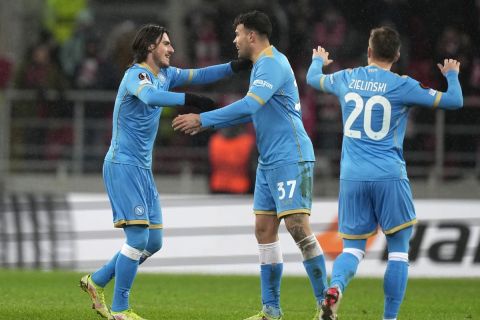 Οι παίκτες της Σπαρτάκ πανηγυρίζουν γκολ που σημείωσαν κόντρα στη Νάπολι για τη φάση των ομίλων του Europa League 2021-2022 στην "Οτκρίτιγε Αρένα", Μόσχα | Τετάρτη 24 Νοεμβρίου 2021