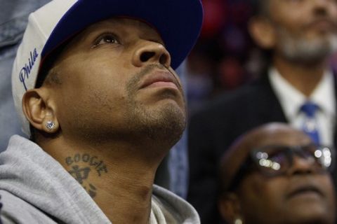 Former 76ers' Allen Iverson looks on during the first half in Game 2 of a first-round NBA basketball playoff series against the Brooklyn Nets, Monday, April 15, 2019, in Philadelphia. 76ers won 145-123. (AP Photo/Chris Szagola)