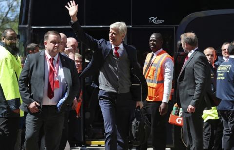 Arsenal manager Arsene Wenger arriving for his final match in charge before the English Premier League soccer match between Huddersfield Town and Arsenal at the John Smith's Stadium, Huddersfield, England, Sunday, May 13, 2018. (Mike Egerton/PA via AP)