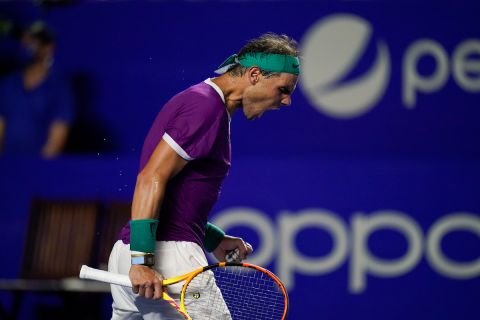 Rafael Nadal, of Spain, celebrates a point during a match against Tommy Paul, of the United States, in the quarterfinals of the Mexican Open tennis tournament in Acapulco, Mexico, Thursday, Feb. 24, 2022. (AP Photo/Eduardo Verdugo)