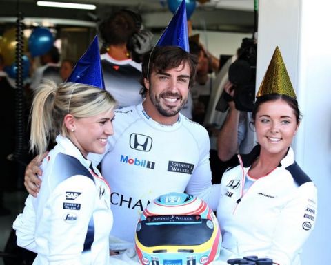 HOCKENHEIM, GERMANY - JULY 29: Fernando Alonso of Spain and McLaren Honda celebrates his 35th birthday before practice for the Formula One Grand Prix of Germany at Hockenheimring on July 29, 2016 in Hockenheim, Germany.  (Photo by Charles Coates/Getty Images)