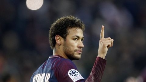 PSG's Neymar gestures during the French League One soccer match between Paris Saint Germain and Montpellier at the Parc des Princes stadium in Paris, Saturday, Jan. 27, 2018. (AP Photo/Christophe Ena)