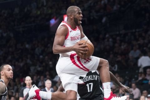 Houston Rockets guard Chris Paul goes to the basket during the first half of an NBA basketball game against the Brooklyn Nets, Friday, Nov. 2, 2018, in New York. (AP Photo/Mary Altaffer)