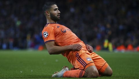 Lyon's Nabil Fekir celebrates after scoring his sides second goal during the Champions League Group F soccer match between Manchester City and Lyon at the Etihad stadium in Manchester, England, Wednesday, Sept. 19, 2018. (AP Photo/Dave Thompson)