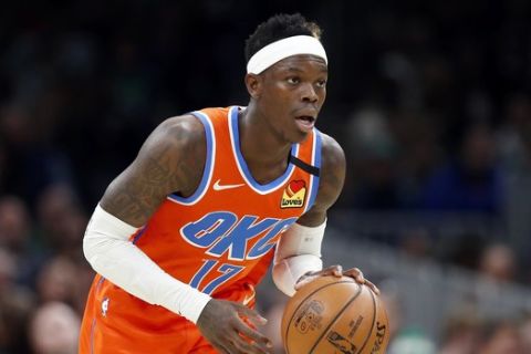 Oklahoma City Thunder's Dennis Schroder plays against the Boston Celtics during an NBA basketball game, Sunday, March, 8, 2020, in Boston. (AP Photo/Michael Dwyer)
