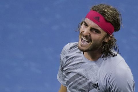 Stefanos Tsitsipas, of Greece, reacts after loosing a point to Borna Coric, of Croatia, during the third round of the U.S. Open tennis championships, Friday, Sept. 4, 2020, in New York. (AP Photo/Frank Franklin II)