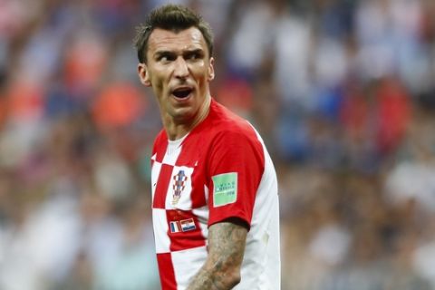 Croatia's Mario Mandzukic reacts during the final match between France and Croatia at the 2018 soccer World Cup in the Luzhniki Stadium in Moscow, Russia, Sunday, July 15, 2018. (AP Photo/Matthias Schrader)