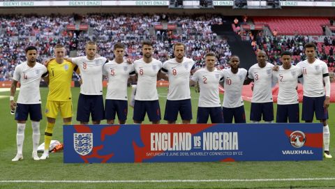 England team pose for a photo before the friendly soccer match between England and Nigeria at Wembley stadium in London, Saturday, June 2, 2018. (AP Photo/Matt Dunham)