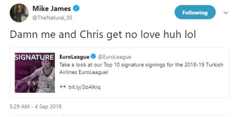 Η παράλειψη της EuroLeague έφερε την... γκρίνια του Μάικ Τζέιμς