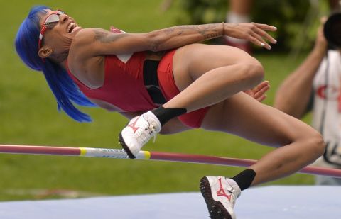 United States' Inika Mcpherson competes in a women's high jump qualification at the World Athletics Championships in the Luzhniki stadium in Moscow, Russia, Thursday, Aug. 15, 2013. (AP Photo/Martin Meissner) 