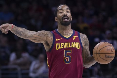 Cleveland Cavaliers' JR Smith in action during the first half of an NBA basketball game against the Philadelphia 76ers, Friday, April 6, 2018, in Philadelphia. The 76ers won 132-130. (AP Photo/Chris Szagola)