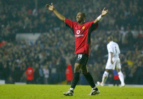 Football - Carling Cup Third Round - Leeds United v Manchester United - 28/10/03
Eric Djemba Djemba - Manchester United celebrates his goal against Leeds United 
Mandatory Credit:Action Images / Michael Regan
