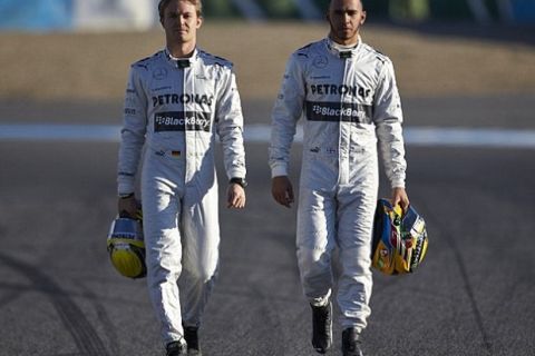 Formula One driver Nico Rosberg with team mate Lewis Hamilton


Pic Steve Etherington