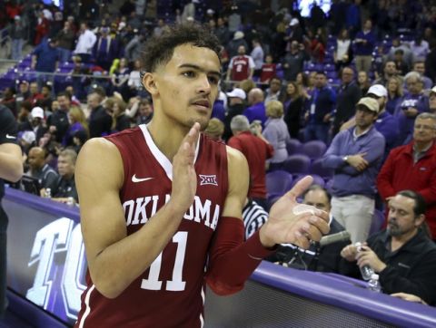 Oklahoma guard Trae Young (11) celebrates after the 90-89 win over TCU in an NCAA college basketball game, Saturday, Dec. 30, 2017. (AP Photo/ Richard W. Rodriguez)