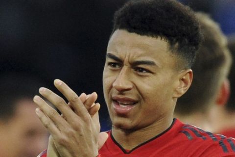 Manchester United's Jesse Lingard during the English Premier League soccer match between Leicester City and Manchester United at the King Power Stadium in Leicester, England, Sunday, Feb 3, 2019. (AP Photo/Rui Vieira)