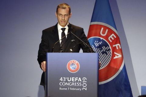 UEFA President Aleksander Ceferin delivers his speech during the 43rd UEFA congress in Rome, Thursday, Feb. 7, 2019.  As the only candidate for election, FIFA President Gianni Infantino is set to serve four more years as the leader of soccer's governing body. (AP Photo/Gregorio Borgia)