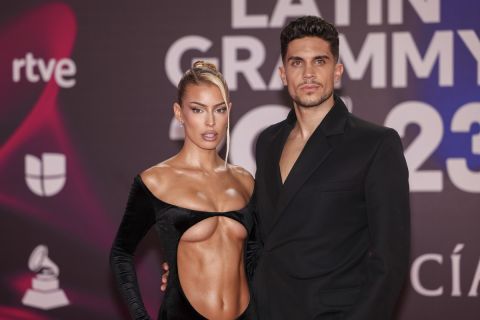 Jessica Goicoechea, left, and Marc Barta arrive at the 24th annual Latin Grammy Awards in Seville, Spain, Thursday, Nov. 16, 2023. (Photo by Vianney Le Caer/Invision/AP)