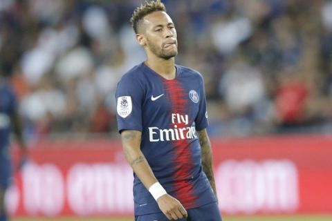 PSG's Neymar reacts during their League One soccer match between Paris Saint-Germain and Caen at Parc des Princes stadium in Paris, Sunday, Aug. 12, 2018. (AP Photo/Michel Euler)