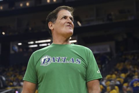 Dallas Mavericks owner Mark Cuban before Game 2 of the NBA basketball playoffs Western Conference finals against the Golden State Warriors in San Francisco, Friday, May 20, 2022. (AP Photo/Jed Jacobsohn)