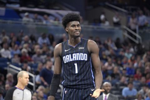 Orlando Magic forward Jonathan Isaac (1) argues with an official after being called for a foul during the first half of an NBA basketball game against the Atlanta Hawks Monday, Dec. 30, 2019, in Orlando, Fla. (AP Photo/Phelan M. Ebenhack)