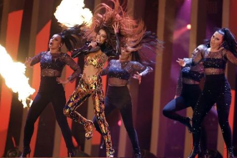 Eleni Foureira from Cyprus performs the song 'Fuego' in Lisbon, Portugal, Monday, May 7, 2018 during a dress rehearsal for the Eurovision Song Contest. The Eurovision Song Contest semifinals take place in Lisbon on Tuesday, May 8 and Thursday, May 10, the grand final on Saturday May 12, 2018. (AP Photo/Armando Franca)